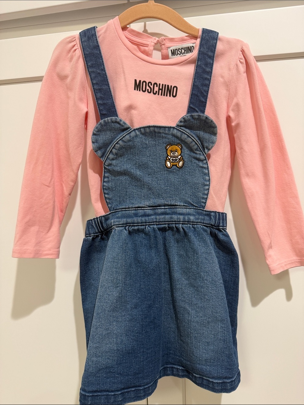 Moschino Pink Top with Denim Teddy Overall Dress Size 2